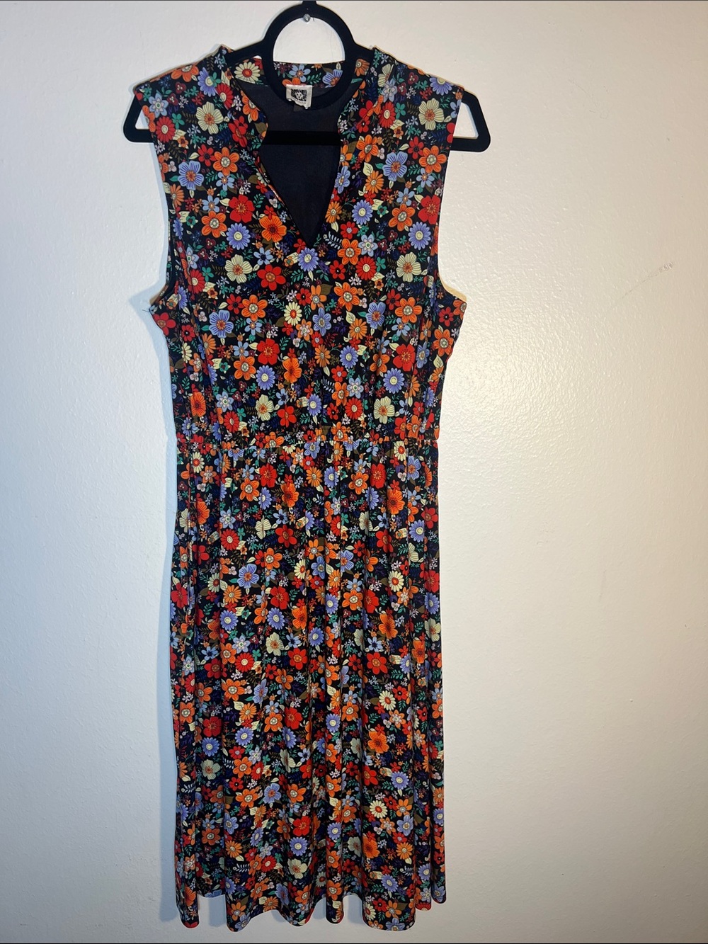Anne Klein Colorful Floral V-Neck Stretch Sleeveless A-Line Midi Dress Navy 14